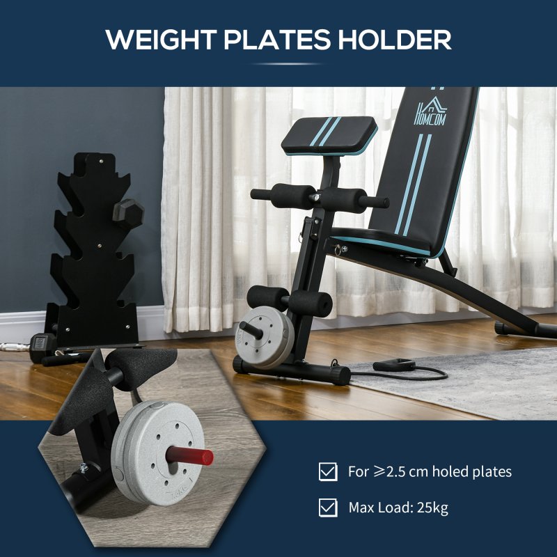 HOMCOM Foldable Weight Bench, Strength Training Sit Up Bench, Incline Decline Bench with 7-Level Backrest, Leg Extension Machine, Preacher Pad and Resistance Band for Home Gym Workout, Blue