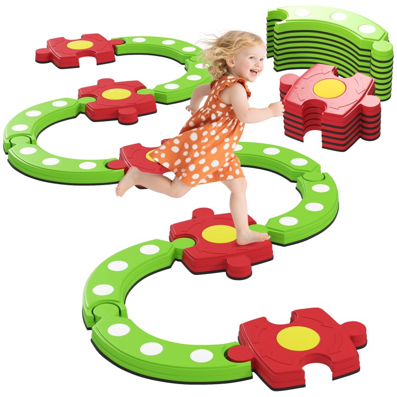 AIYAPLAY 13 PCS Kids Balance Beam, Stepping Stones Set with Non-slip Textured Surface & Bottom, Outdoor Indoor Sensory Toys, Obstacle Course for Toddlers Ages 3-8, Green