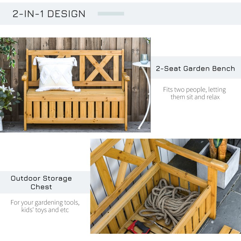 Outsunny Wood Garden Bench 2 Seater Storage Chest Patio Seating Chair with High Back and Armrest, Yellow