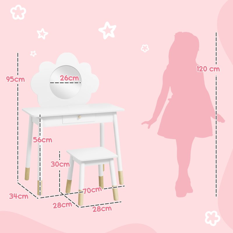 AIYAPLAY Kids Dressing Table with Mirror, Stool, Kids Vanity Table with Cloud Design, Drawer, for Ages 3-6 Years, White