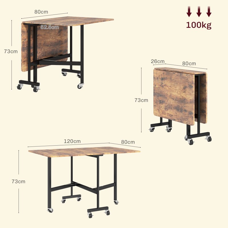 HOMCOM Mobile Drop Leaf Table, Folding Dining Table with 6 Wheels & Brakes, Kitchen Table for Small Spaces, Rustic Brown