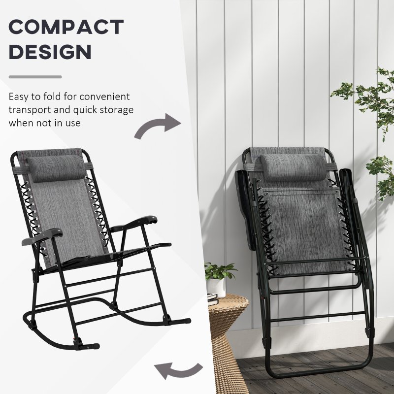 Outsunny Garden Rocking Chair Folding Outdoor Adjustable Rocker Zero-Gravity Seat with Headrest Camping Fishing Patio Deck, 95 x 64 x 106 cm - Grey