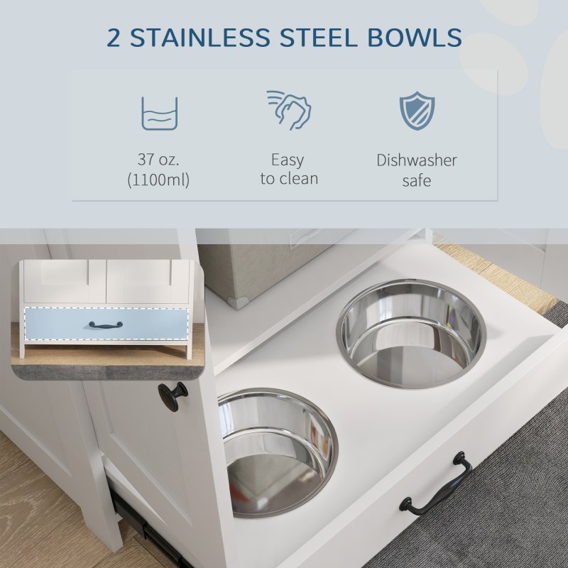 PawHut Pet Feeding Station with Storage, Dog Feeding Station with Raised Dog Bowls, Adjustable Panel, Hooks, Pet Food Storage Cabinet, White