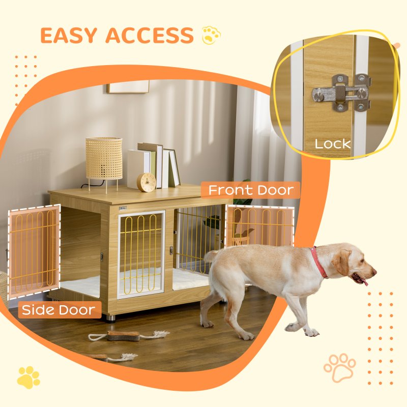 PawHut Dog Crate Furniture, Side End Table, Indoor Dog Kennel with Soft Washable Cushion, Wire Mesh, Large Top, for Medium and Large Dogs, 90 x 58 x 65, Oak Tone