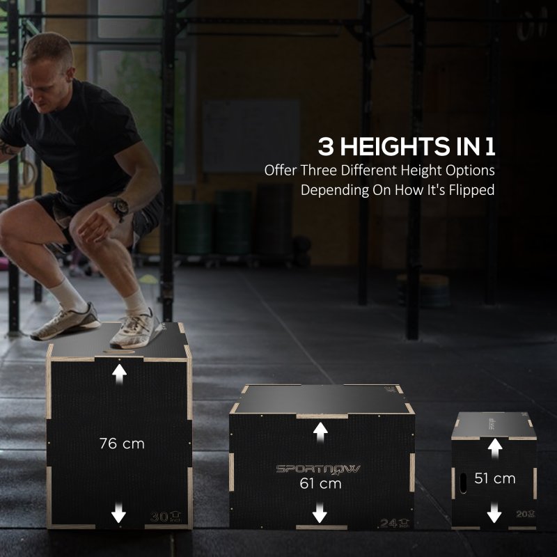 SPORTNOW 3-in-1 Wooden Plyo Box, Anti-Slip Plyometric Jump Platform, Step Up Exercise Box with Handle Openings for Home Gym, Workout Training, 51/61/76cm