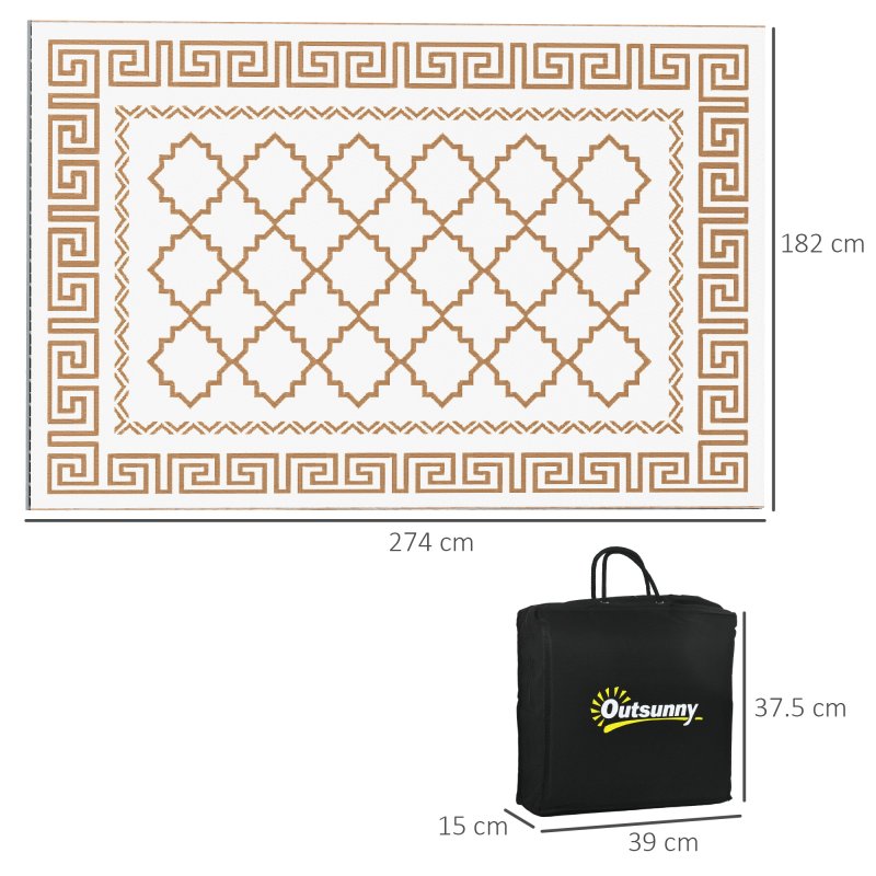 Outsunny Reversible Outdoor Rug with Carry Bag, Waterproof Plastic Straw Mat for Garden, Deck, RV, Picnic, Beach, Camping, 182 x 274cm, Brown and Cream
