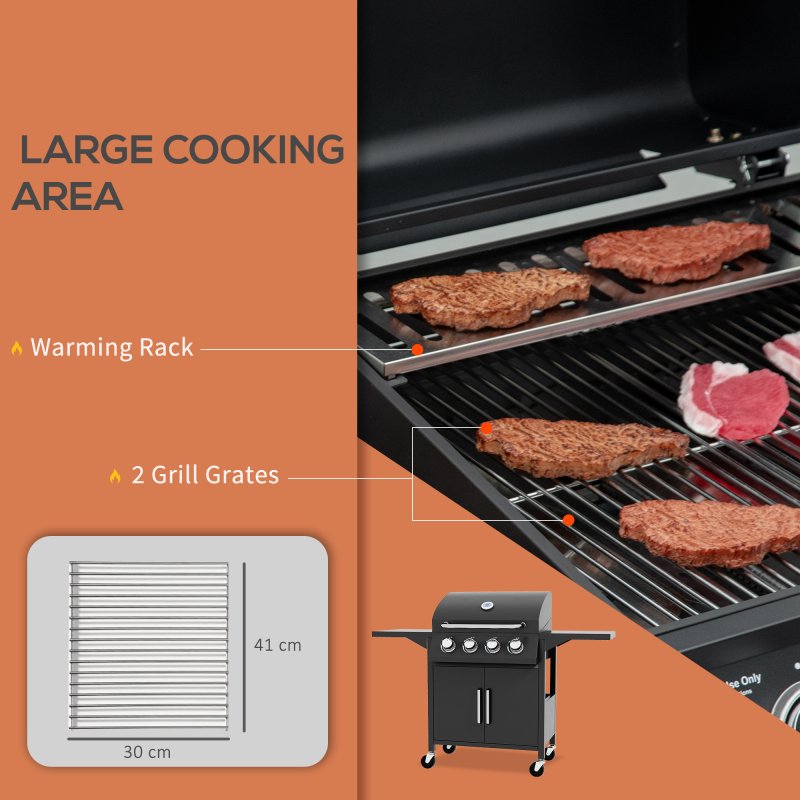 Outsunny 4 Burner Gas BBQ, Outdoor Grill, Portable Barbecue Trolley with Warming Rack, Side Shelves, Storage Cabinet, Thermometer, Carbon Steel, Black