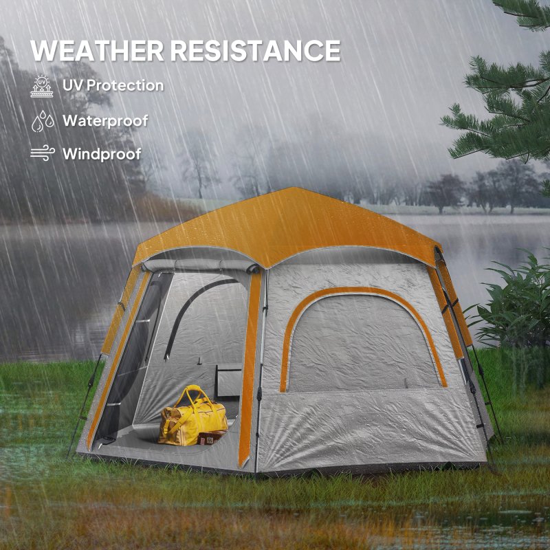 Outsunny Instant Camping Tent, 2/3/4 Person Easy Setup Dome Family Tent with Vestibule, Rainfly, 4 Mesh Windows & 2 Doors, Hexagonal Design, Waterproof & UV Protected, Light Grey