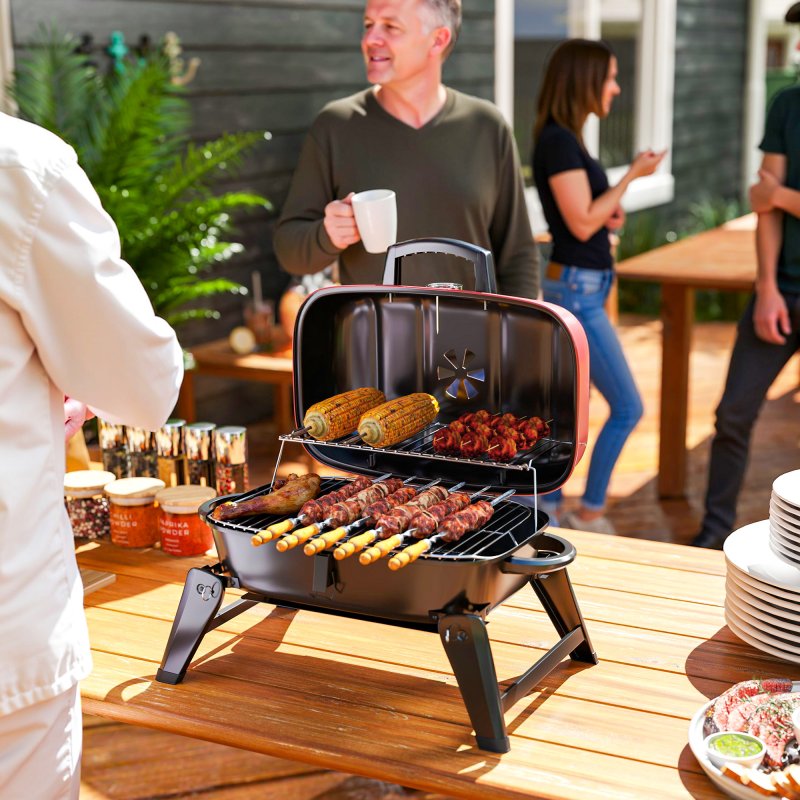 Outsunny Charcoal Barbecue Grill Folding BBQ Grill with 1232 cm? Cooking Area, Adjustable Vent, Thermometer, Handles for Camping Picnic, Red