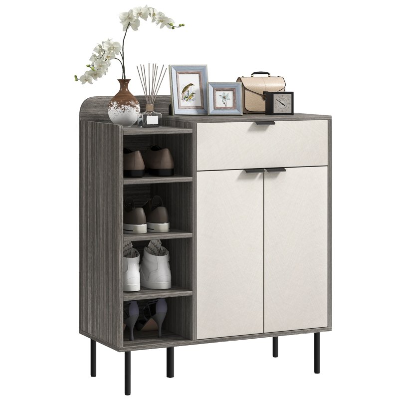 HOMCOM Shoe Cabinet, Hallway Shoe Storage Cabinet with 4-Tier Open Shelf, Double Doors and 3 Adjustable Shelves for 12 Pairs of Shoes, Graphite Wood Effect