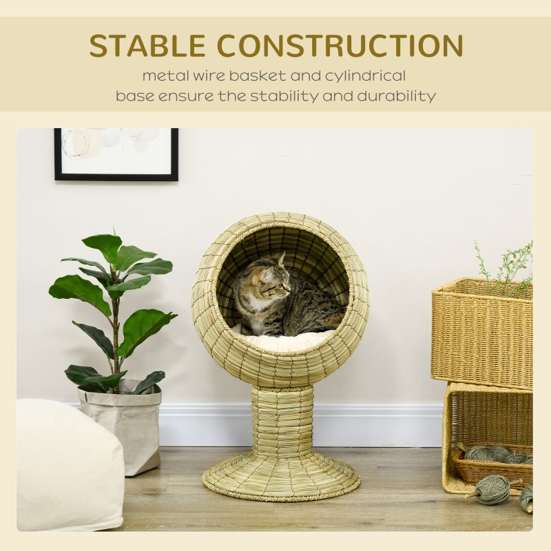 PawHut Raised Cat House, Natural Mat Grass Cat Bed, Kitten Cave with Cushion, Detachable Top, Yellow, 41x 69 cm