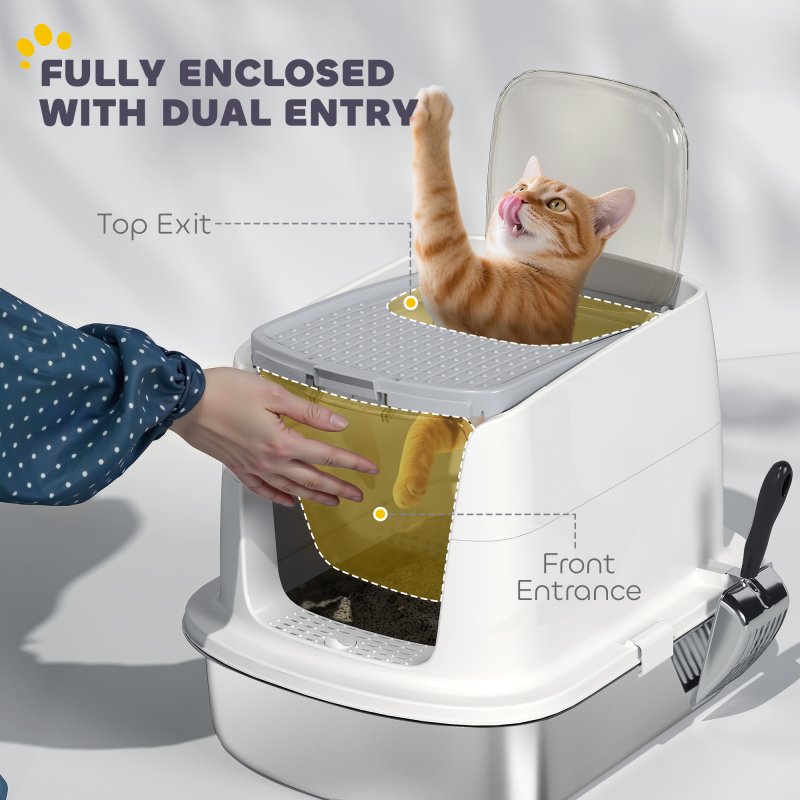 PawHut Stainless Steel Litter Box with Lid, Large Hooded Cat Litter Tray with Flip Cover, Metal Scoop, Deodoriser Bag, Non-Sticky, Odour Control and Easy Clean, White