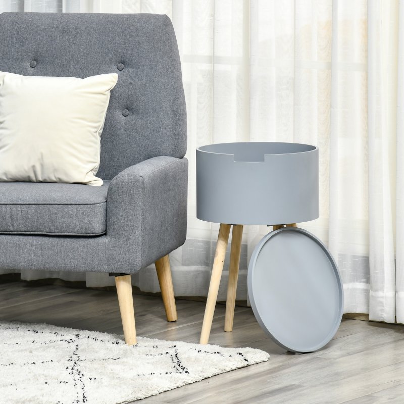 HOMCOM Modern Side Table with Hidden Storage Space, Round Night Stand with Removable Tray Wood Frame End Coffee Table for Living Room