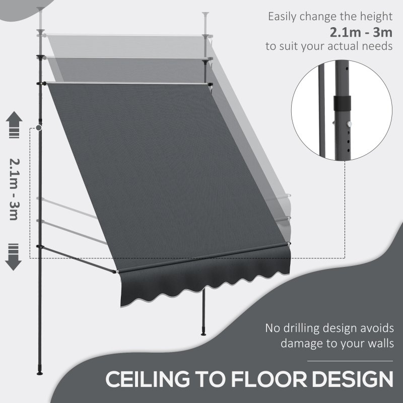 Outsunny 2 x 1.2m Free Standing Retractable Awning, Non-Screw Patio Sun Shade Shelter with Support Pole Stand and UV Resistant Fabric, for Window, Door, Porch, Deck, Dark Grey