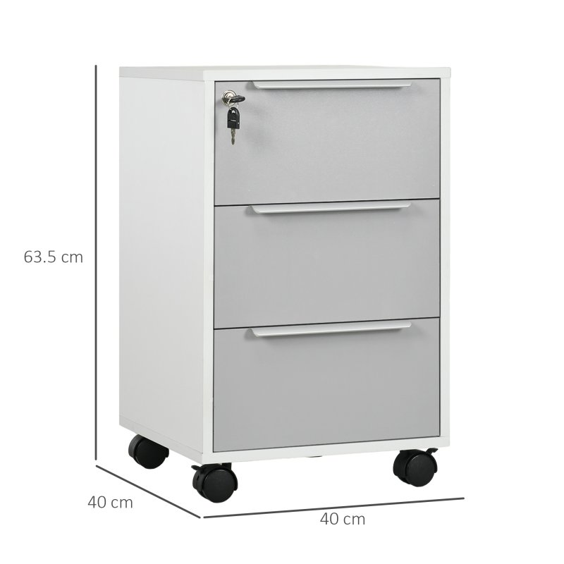 HOMCOM 3-Drawer Lockable Filing Cabinet, File Cabinet on Wheels, Mobile Office Storage Drawers for Home Office, Bedroom and Living Room