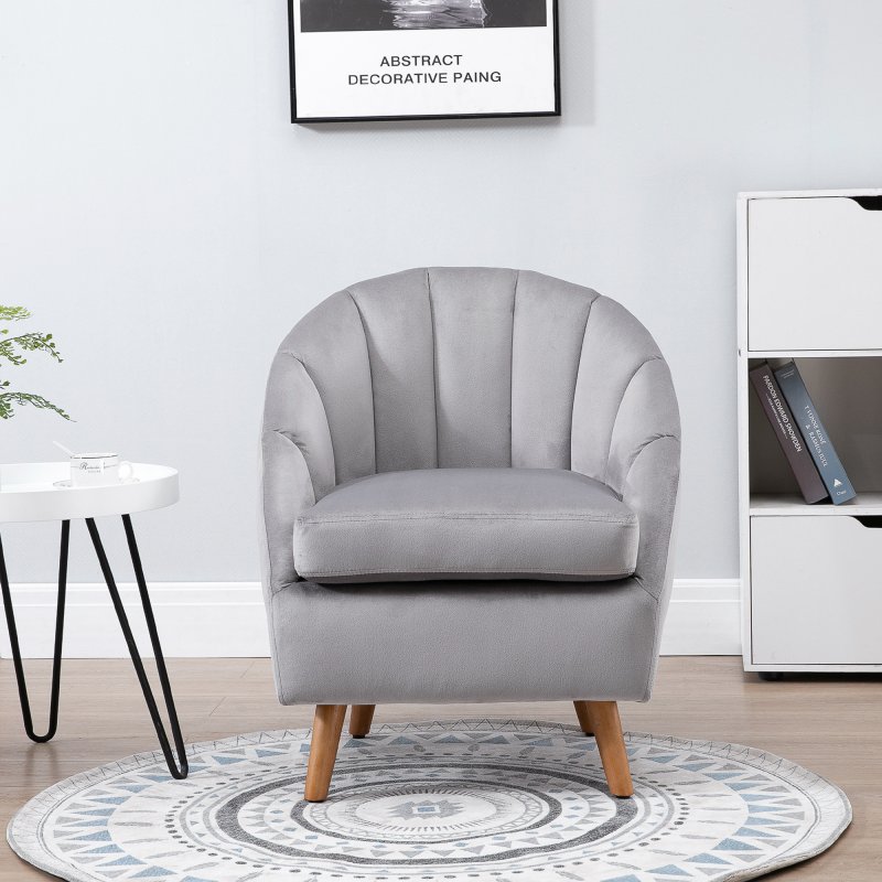 HOMCOM Velvet Armchair, Modern Accent Chair, Upholstered Tub Chair with Solid Wood Legs and Seat Cushion for Living Room, Grey