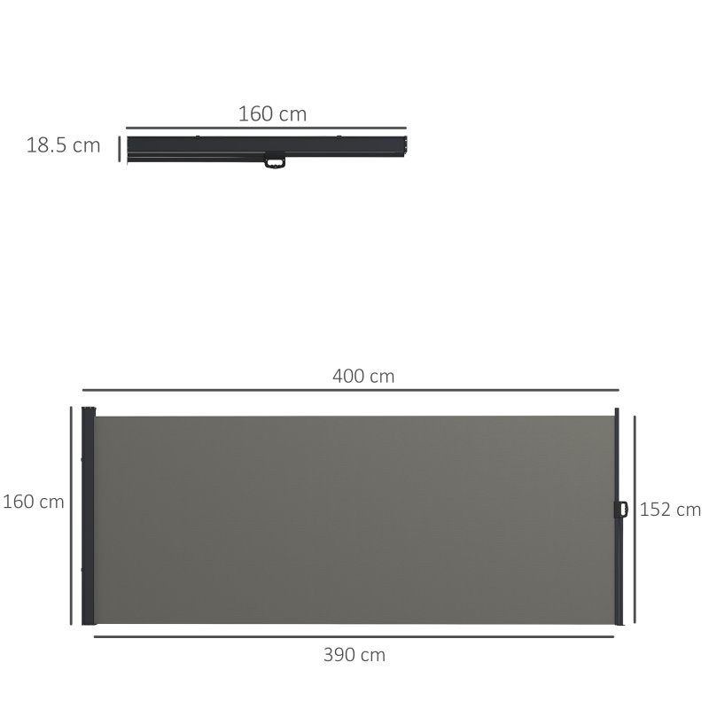 Outsunny Retractable Side Awning, Garden Privacy Screen Divider, Full Cassette Wind Breaker for Hot Tub, Balcony, Terrace, Pool, 400 x 160cm, Dark Grey