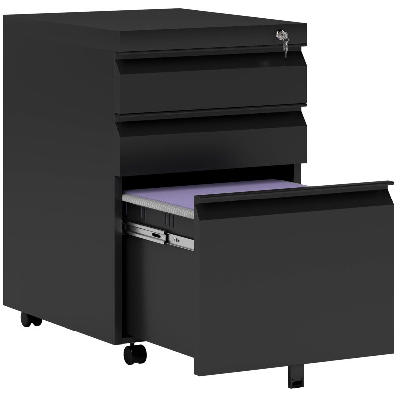 Vinsetto 3-Drawer Filing Cabinet with Lock, Mobile Steel File Cabinet for A4, Legal and Letter Size, Under Desk Drawers with Pre-Assembled Body for Home Office, 39 x 48 x 60 cm, Black