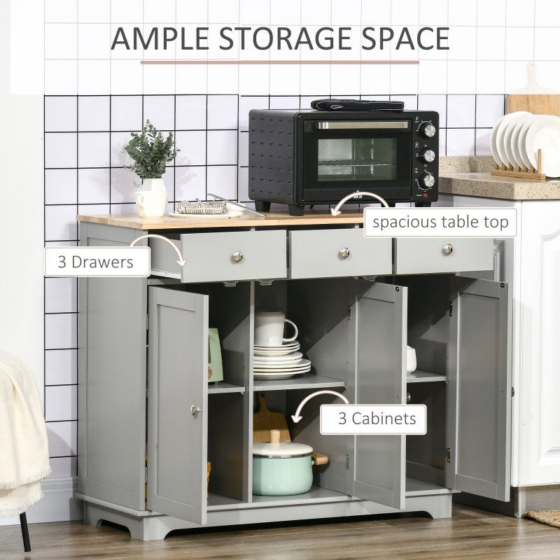 HOMCOM Modern Sideboard with Rubberwood Top, Buffet Cabinet with Storage Cabinets, Drawers and Adjustable Shelves for Dining Room, Kitchen, Grey