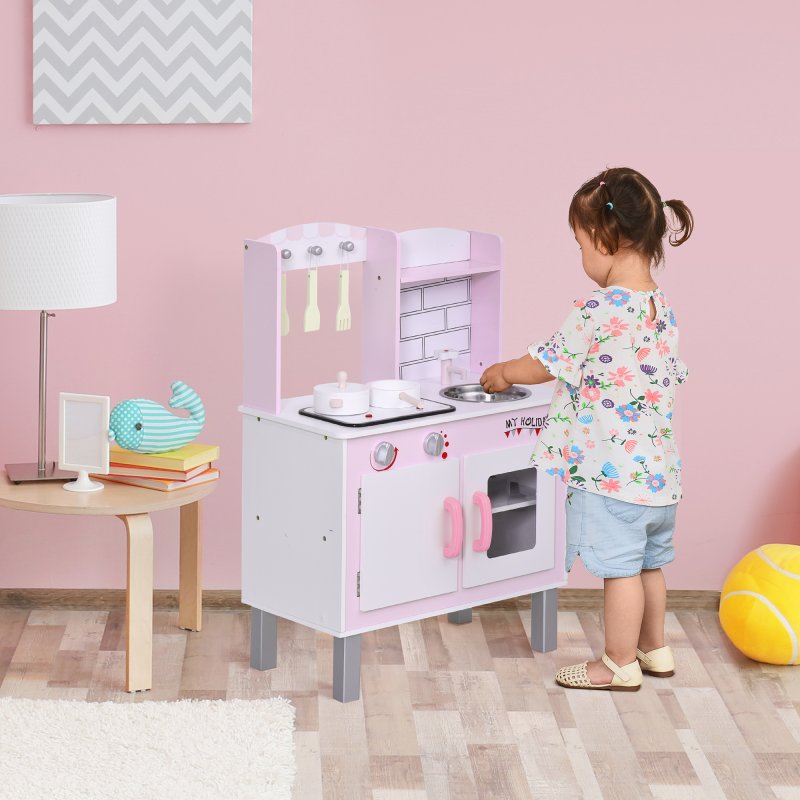 HOMCOM Kids Kitchen Play Set Wooden Pretend Play Toy w/ Sounds Utensils Pans Storage Child Role Play Accessories for 3 Years+ Pink