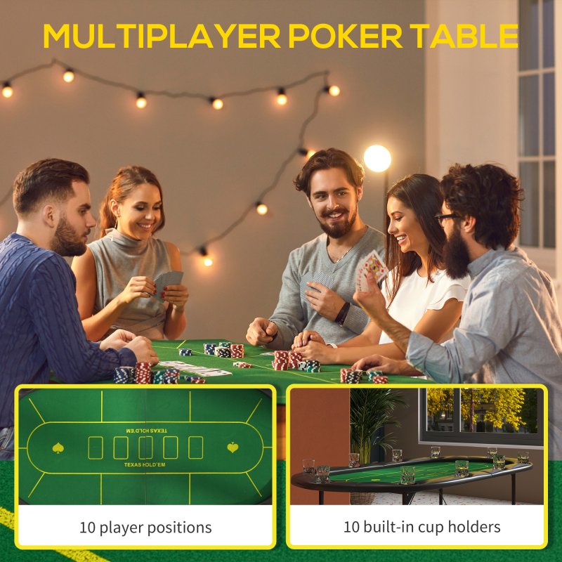 SPORTNOW Foldable Poker Mat for 10 Players, Oval Poker Table Top with Cup Holders, Portable Poker Table Cloth with Carrying Bag, 180 x 90cm - Green