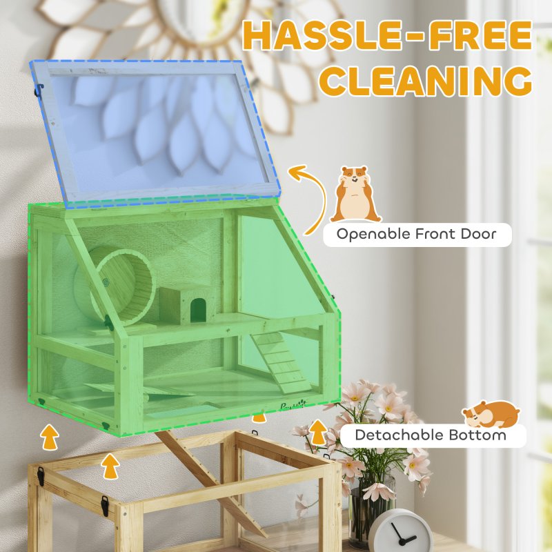 PawHut Wooden Hamster Cage, 3 Tier Gerbil Cage with Detachable 32cm Deep Bottom, Hut, Seesaw, Exercise Wheel, Ramps, Natural Wood Finish