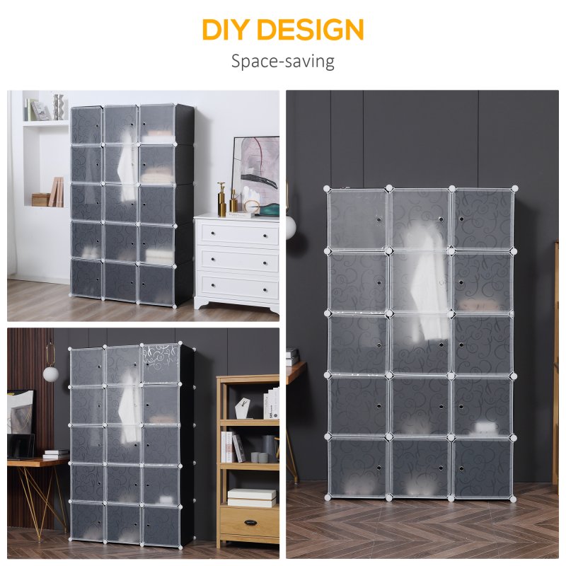 HOMCOM Portable Wardrobe for Bedroom, 15 Cube Closet with Hanging Rail, Modular Storage Cabinet, Plastic Armoire for Space Saving, White and Black