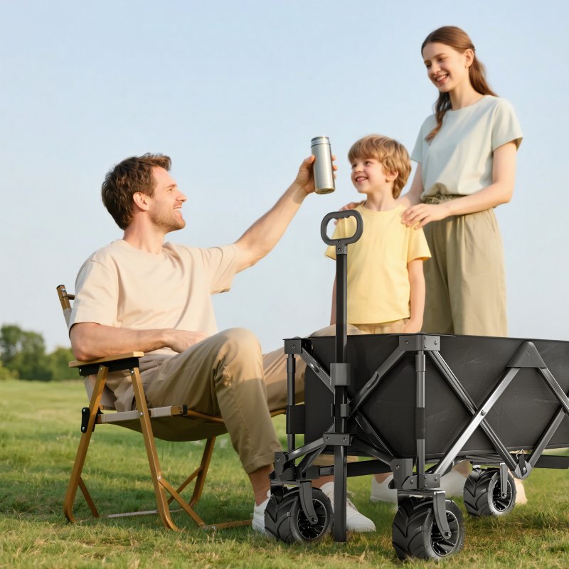 Outsunny 140L Festival Trolley on Wheels, Folding Camping Trolley Cart with Telescopic Handle, Big Wheels for Outdoor Garden Beach Fishing, Black