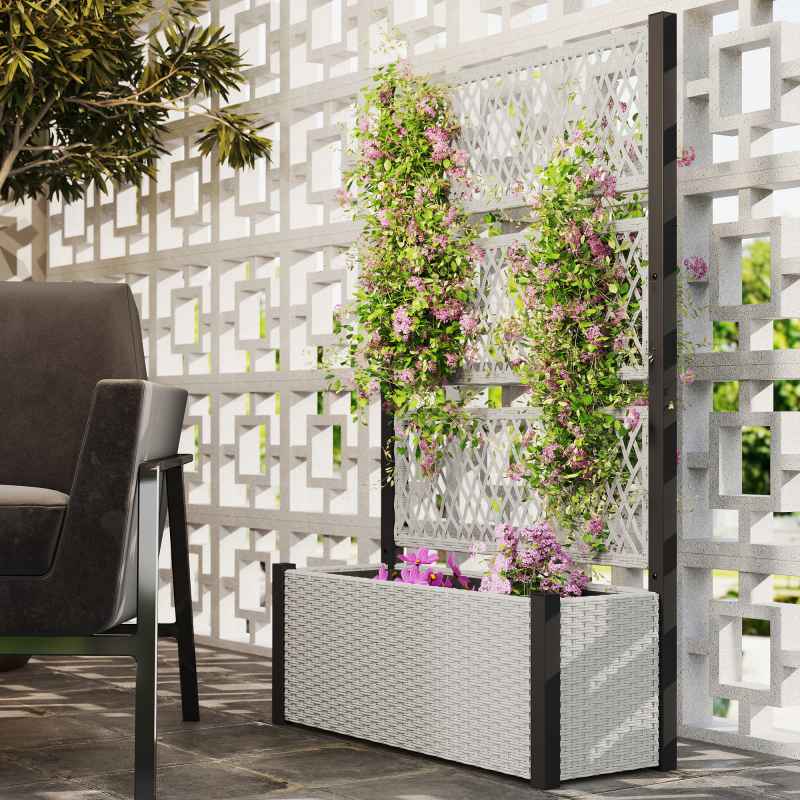 Outsunny Garden Planter Box with Trellis, Liner, Rattan Raised Bed, Trough Planter with Topped Trellis for Climbing Plants, Vegetables, Flowers, 90 x 35 x 148 cm, Mixed-grey