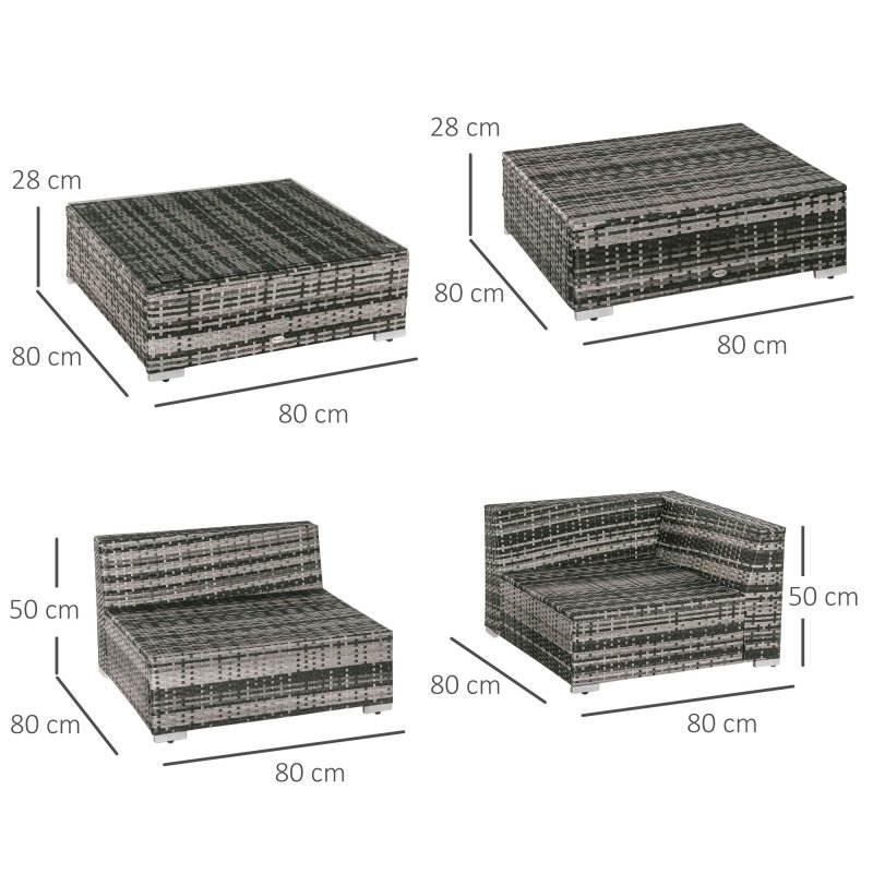 Outsunny 6 Pieces Rattan Garden Furniture Set, 5 Seater Garden Sofa Set with Thickened Cushions, Glass Top Coffee Table and Ottomans, Outdoor Sectional Conservatory Furniture with Pillows, Grey
