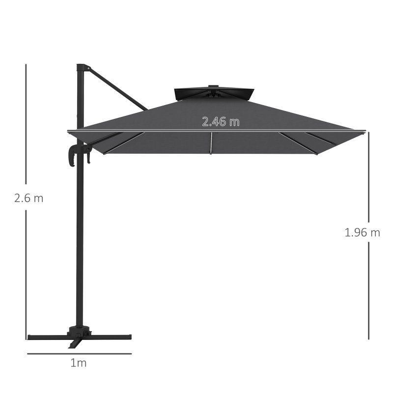 Outsunny 2.5m Cantilever Parasol with Solar Powered LED Lights, Double Top Square Overhanging Garden Parasol with 360 Rotation, Tilt Adjustment, Crank Handle, Dark Grey