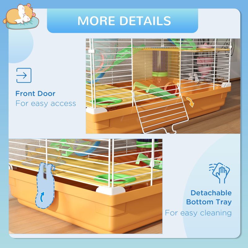 Pawhut 5 Tier Hamster Cage, Gerbil Cage with Tube Exercise Wheels, Tunnel, Water Bottle, Dishes, 58H x 46L x 30Wcm, Orange
