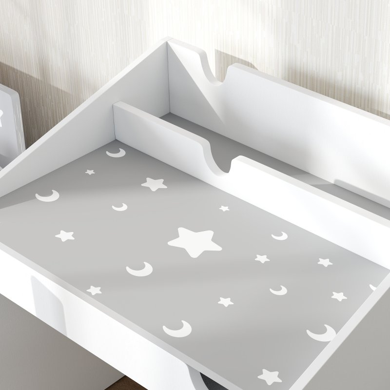 AIYAPLAY Kids Desk and Chair Set, Children Study Table and Chair with Storage, Pull-Out Drawer, Star and Moon Pattern, for Bedroom, Playroom, Nursery, for Ages 3-6 Years, Grey