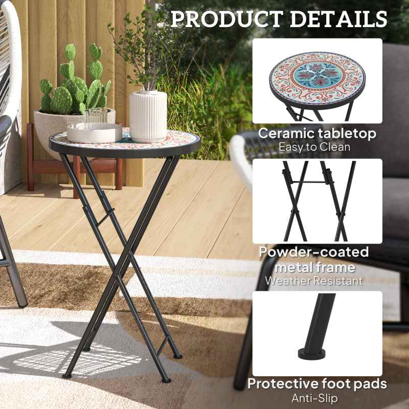 Outsunny Mosaic Outdoor Garden Table, 35.5cm Round Folding Coffee Table with Metal Frame for Balcony Terrace, Multicolour