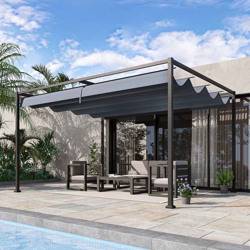 Outsunny 4 x 3(m) Metal Outdoor Pergola with Retractable Roof, Outdoor Gazebo with Drainage Holes for Garden, Patio, Lawn, Grey
