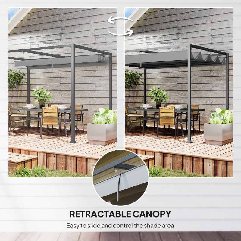 Outsunny 3 x 2m Metal Outdoor Pergola with Retractable Roof, Outdoor Gazebo Canopy Shelter with Drainage Holes for Garden, Patio, Lawn, Grey