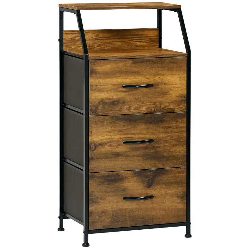 HOMCOM Industrial Storage Cabinet, Fabric Chest of Drawers with Display Shelves, 3 Drawers Storage Unit for Living Room, Rustic Brown