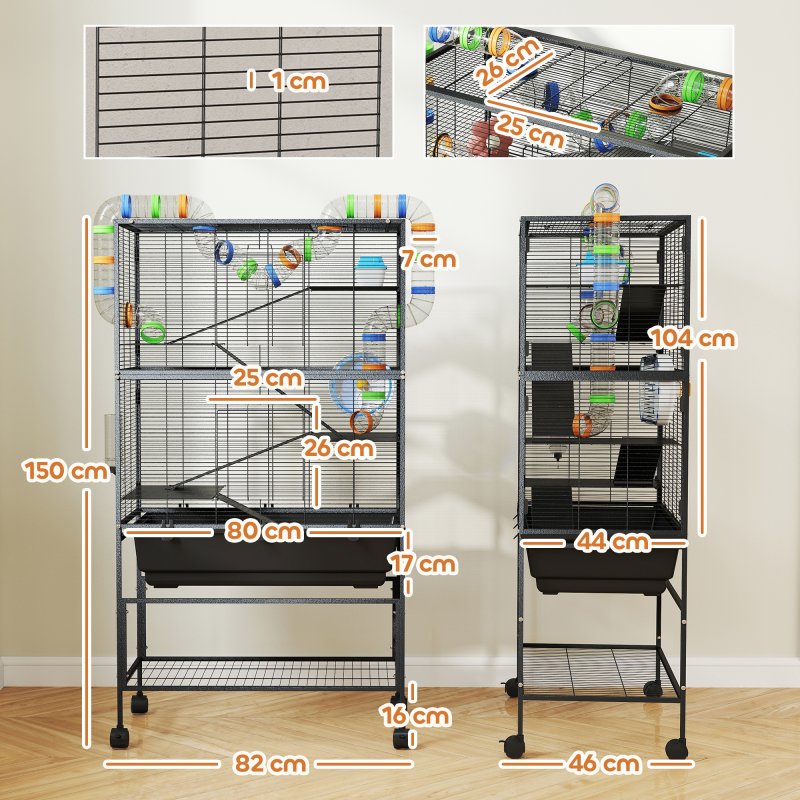 PawHut Hamster Cage, 5 Tier Large Gerbil Cage on Wheels with 17 cm Deep Tray, Storage Shelf, Big Exercise Wheel, Tube System, Hut, Platforms, Ramps, Food Dish, Water Bottle, for Syrian Hamsters, Rats