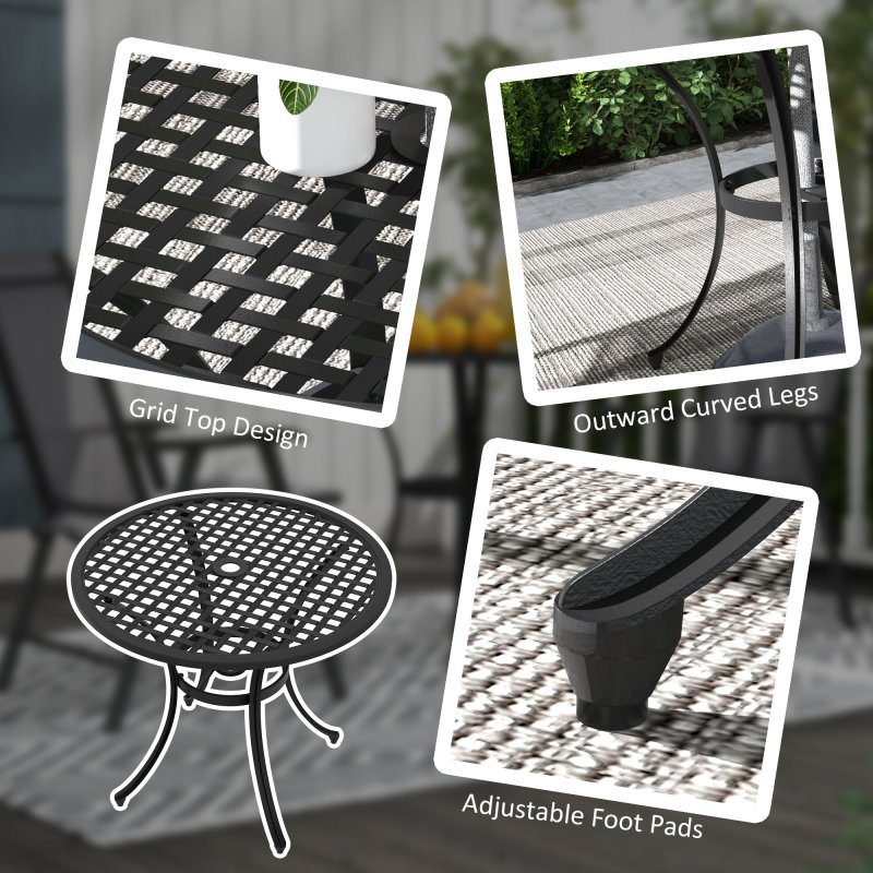 Outsunny 85cm Round Garden Dining Table, Cast Aluminium Coffee Table with Parasol Hole and Adjustable Foot Pad, Patio Table for Outdoor, Balcony, Poolside, Black