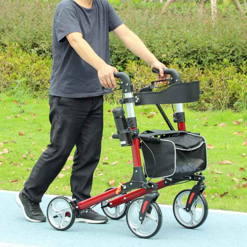 HOMCOM Folding Rollator Walker with Seat and Backrest, for Tall Over 6'9", Lightweight Walking Frame with Storage Bag, Dual Brakes, Adjustable Handle Height, Cane Holder, 4 Wheeled Walker for Seniors