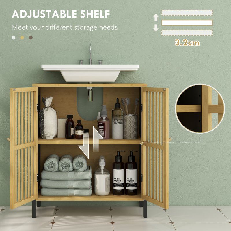 HOMCOM Under Sink Bathroom Cabinet, Bamboo Sink Storage Cabinet, Bathroom Vanity Unit with 2 Slat Doors, Adjustable Shelf and U-Shape Slot for Pipe Fit