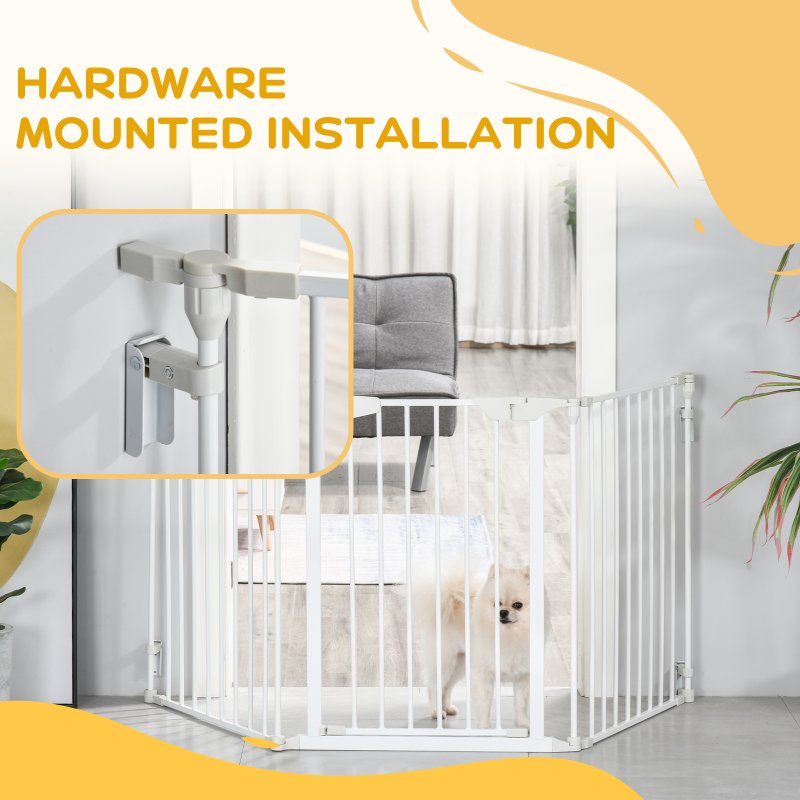 PawHut Pet Safety Gate, 3 Panels Playpen Fireplace, Metal Fence, Stair Barrier, Room Divider w/ Walk-Through Door - White
