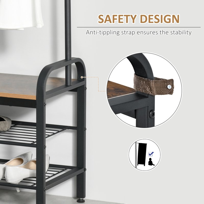 HOMCOM Coat Rack Stand Industrial hallway Shoe Rack Removable Hooks Metal Wood Hangers Storage Cabinet Rustic Brown 72LX34WX185H(cm)