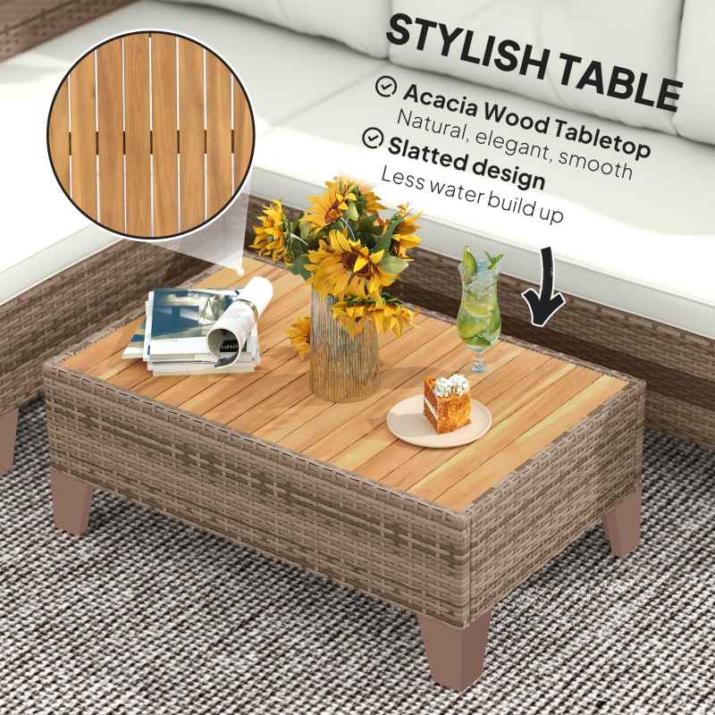 Outsunny 3 Pieces Rattan Garden Furniture Set, L Shaped Garden Conversation Chaise Lounge Furniture with Wood Top Coffee Table and Thick Cushions, Cream