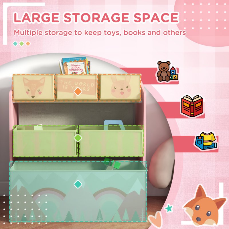 ZONEKIZ Kids Storage Unit, Childrens Toy Storage Organiser, with 6 Fabric Bins, for Bedroom, Nursery, 63 x 30 x 66cm, Pink