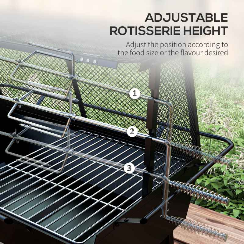 Outsunny 3-in-1 BBQ Rotisserie Grill Roaster Fire Pit with Storage Shelf, Mesh Lid and Poker, Charcoal Chicken Spit Roast Machine with Waterproof Cover for Outdoor Picnic Camping, Black