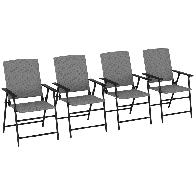 Outsunny Folding Garden Chairs Set of 4, PE Rattan Garden Dining Chairs with Armrests, High Back and Steel Frame, Weather Resistant Outdoor Dining Furniture for Patio, Balcony, Grey