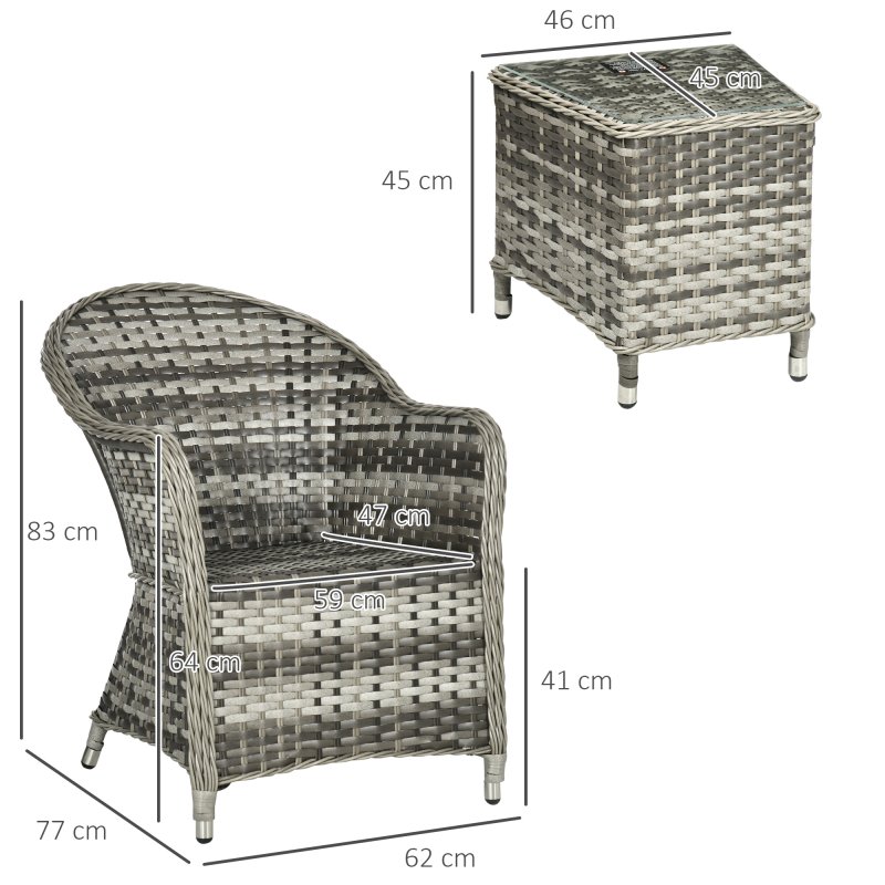Outsunny 3 Pieces Rattan Bistro Set, Wicker Garden Bistro Set, Glass Top Balcony Table and Chairs with Cushions for Outdoor, Patio, Balcony, Grey