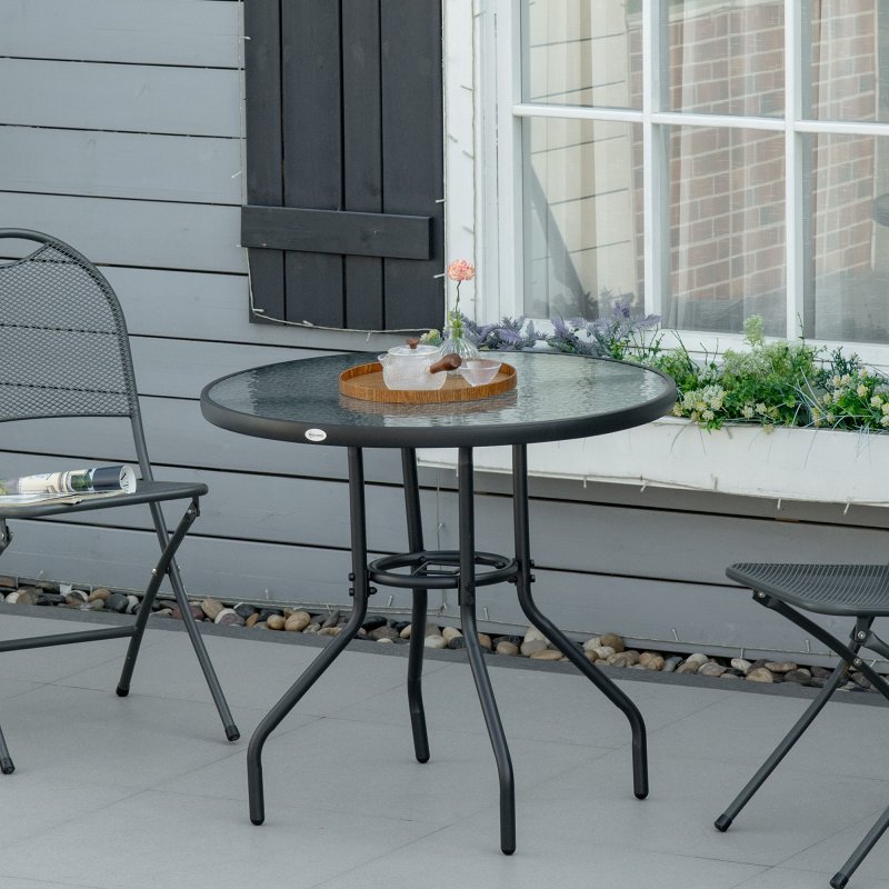 Outsunny 80 cm Round Dining Table with Parasol Hole, Outdoor Coffee End Side Table with Tempered Glass Top, Steel Frame for Garden, Black