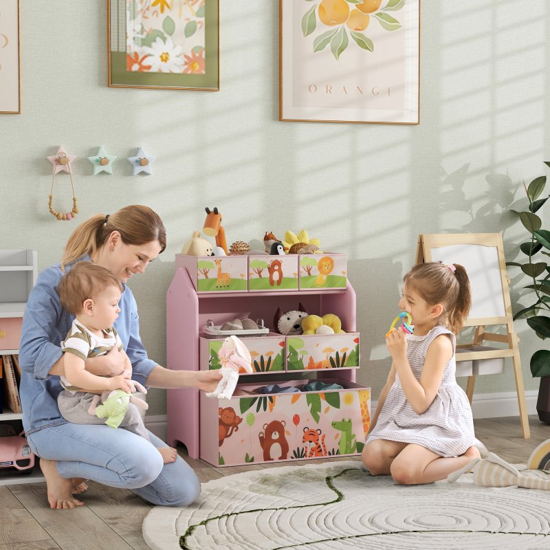 AIYAPLAY Kids Storage Unit, 3-Tier Toy Organiser Shelf with 6 Removable Storage Boxes, for Playroom, Bedroom, Children's Room, Nursery, Pink